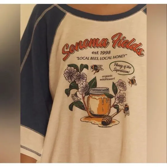 Anthropologie Sonoma County Graphic Raglan Sleep Tee Blue Cream XSP NEW